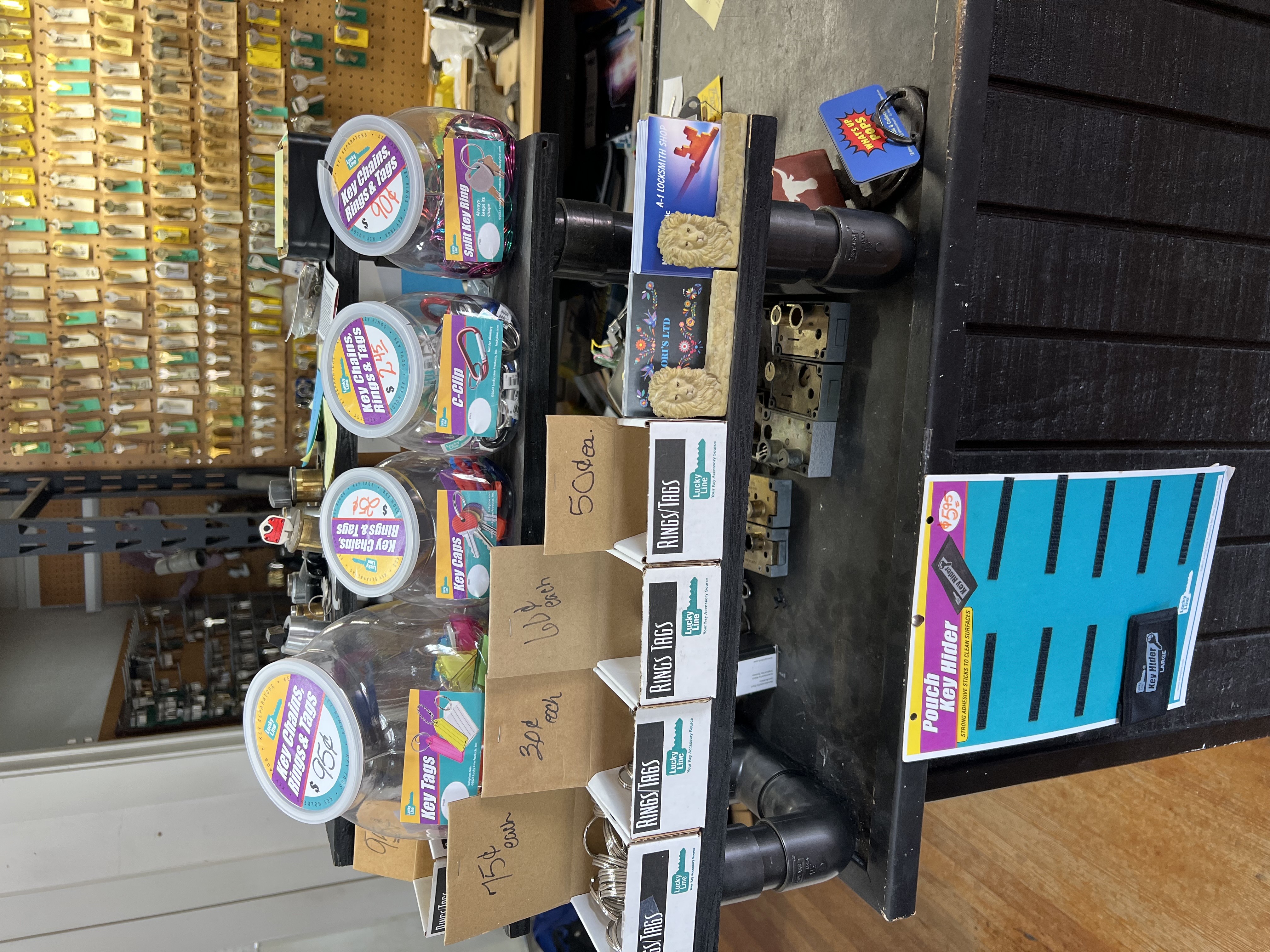 A-1 Locksmith Shop front desk with key wall display — commercial lock hardware Brownwood TX